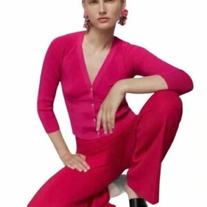 Zara knit seam detail v neckline cardigan pink Small 6873/025
